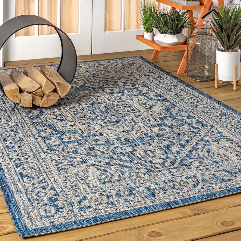 JONATHAN Y Rozetta Medallion Textured Weave Indoor/Outdoor Area Rug - 6' x 9' - Navy/Gray
