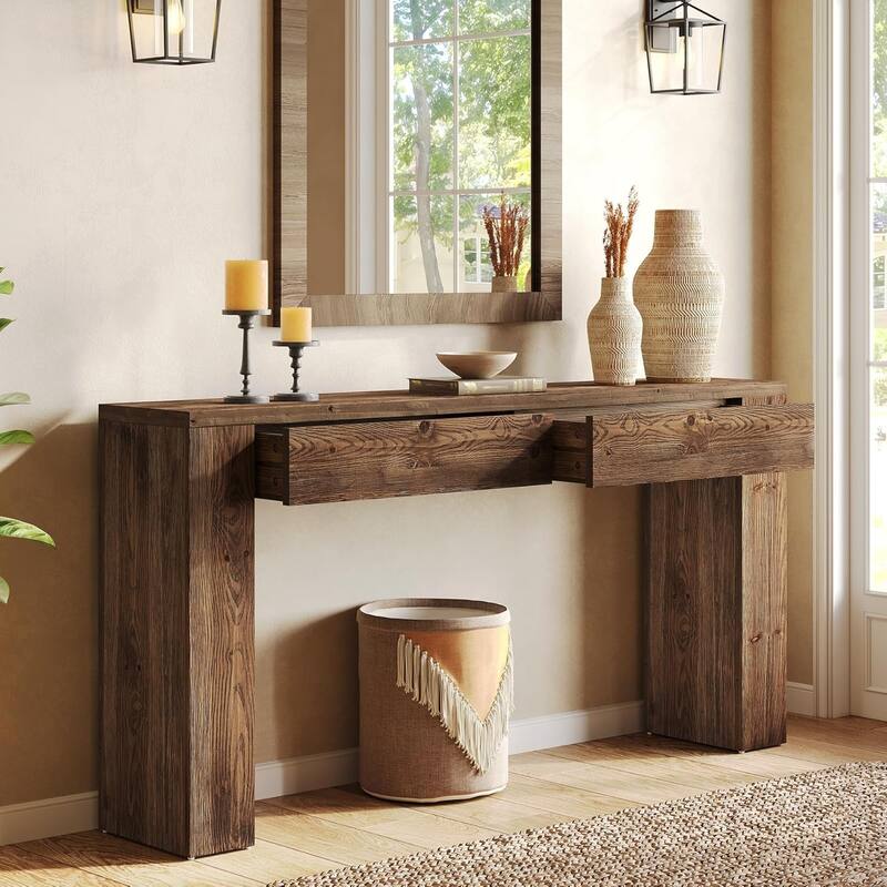 63 Inches Solid Wood Long Console Sofa Table with 2 Drawers for Entryway Hallway Foyer Living Room - Rustic Brown