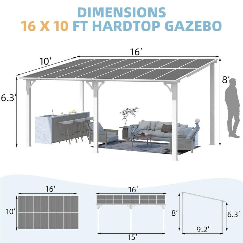 10X16Ft Outdoor Pergola Gazebo, Wall Mounted Lean to Awning Gazebo
