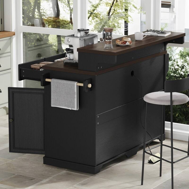 Farmhouse 53.2" Kitchen Island with Power Outlet, Rolling Island Table, Bar Cabinet with Storage 4 Door Shelves and 3 Drawers