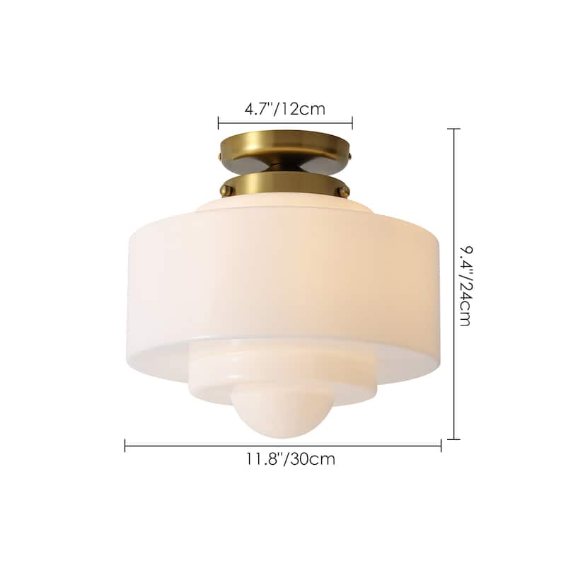 1-Light Mid-Century Modern Gold Cake-Shaped Semi-Flush Mount Ceiling Light with Opal Glass Shade for Bedroom, Kitchen