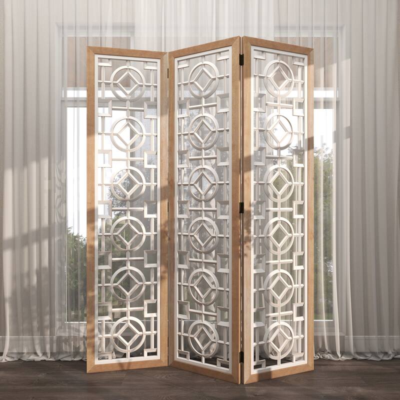 Wood Geometric Hinged Foldable Partition 3 Panel Room Divider Screen with Intricately Carved Designs - White - Roche River Decor