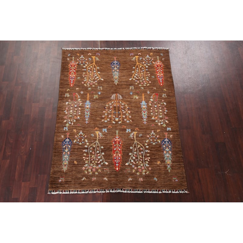 Floral Vegetable Dye Kazak Oriental Area Rug Hand-knotted Wool Carpet - 4'11" x 6'5"