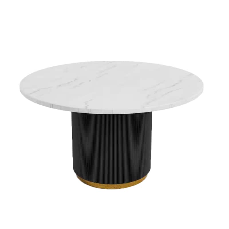 Voa Dining Table, 54 Inch Round, White Marble Top, Black Reeded Base - Black, White