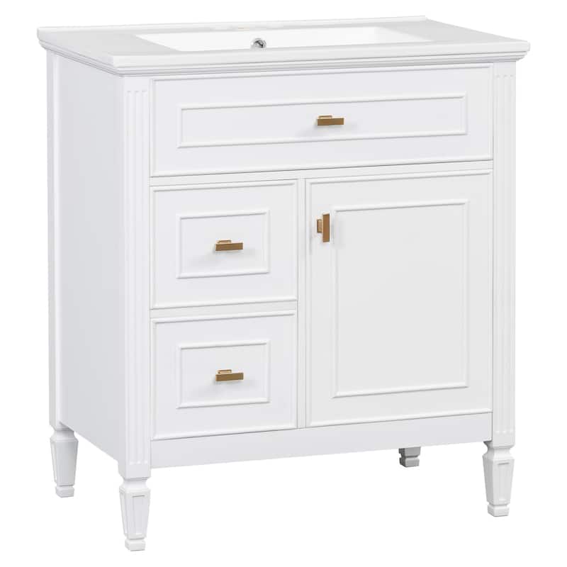 GDFStudio - Avalon 30-Inch Freestanding Bathroom Vanity with Ceramic Sink, Flip Drawer, Solid Wood & MDF Board