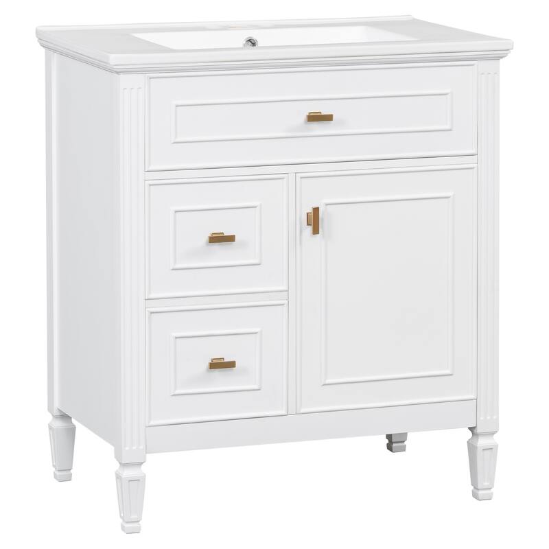 Roomfitters 30" Bathroom Vanity with Ceramic Sink, Solid Wood Frame with Flip Drawer, 2 Side Drawers & Adjustable Shelf