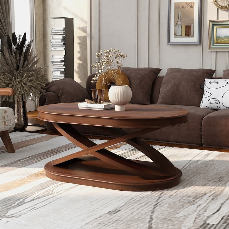 44 Inch Wood Oval Coffee Table with X-Shaped Base,Cocktail Table with Open Storage, Sofa Center Table for Living Room