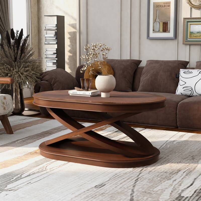 Oval Coffee Table Cocktail Table with X-Shaped Wood Legs, Wood Center Table Accent Table with Round End Table Set of 2