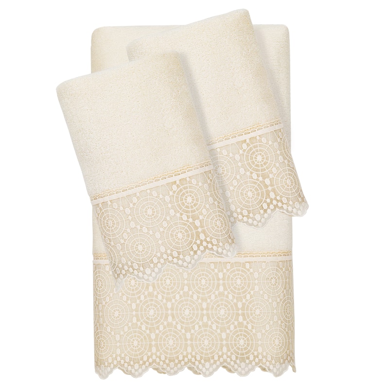 Authentic Hotel and Spa 100% Turkish Cotton Arian 3PC Cream Lace Embellished Towel Set - Cream