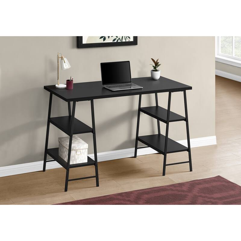 Computer Desk, Home Office, Laptop, Storage Shelves, 48"l, Work, Black Laminate, Black Metal, Contemporary