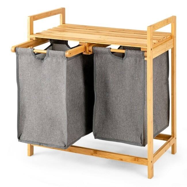 Natural Wicker 2 Bin Laundry Hamper with Removable Fabric Bags and Sliding Storage Shelf - 25"L x 13"W x 29"H