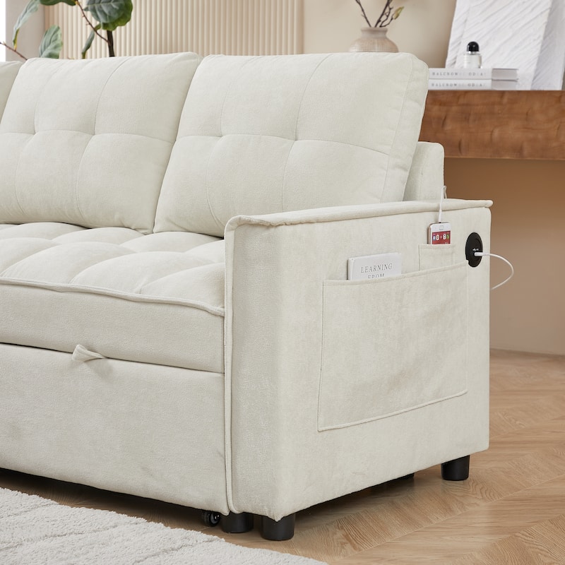 Modern Chenille L-Shaped Convertible Sofa Bed with Storage, USB and Type-C Charging Ports for Living Room