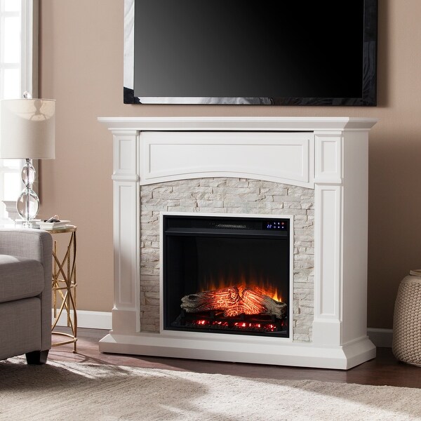 SEI Furniture Helliwell Electric Media Fireplace with White Faux Stone Mantel and Media Storage On Sale Bed Bath Beyond 20881918