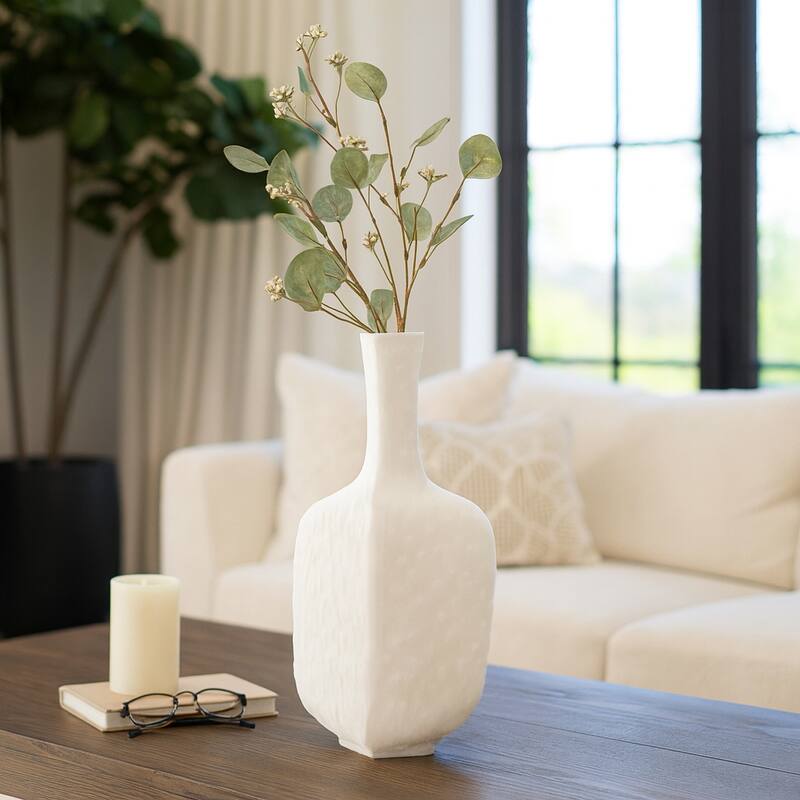 Resin Geometric Vase Textured Square Base For Home Decor - 15" White