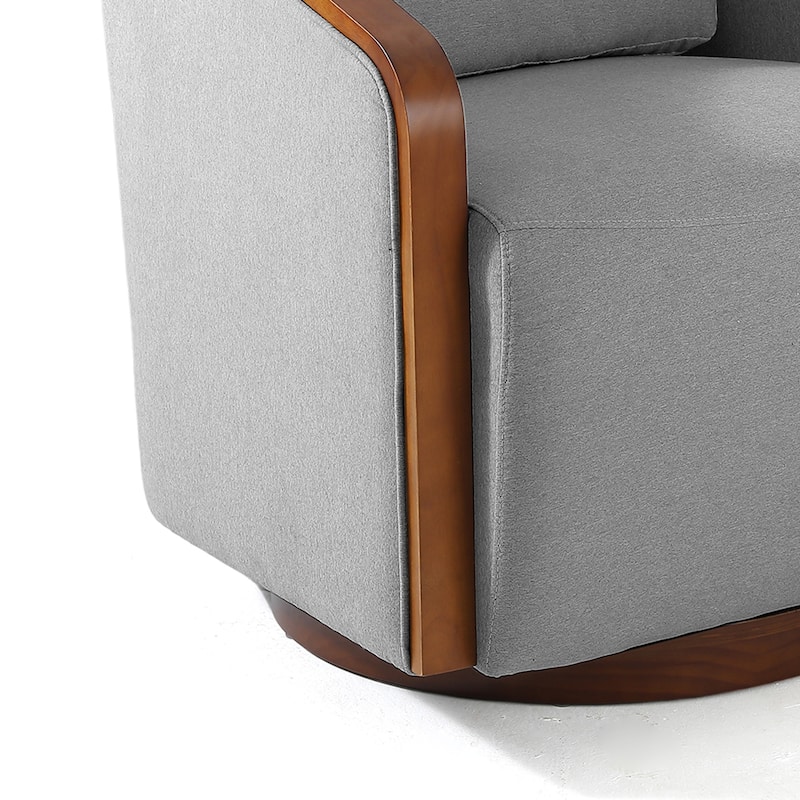 Upholstered Swivel Barrel Chair with Curved Wood Arms