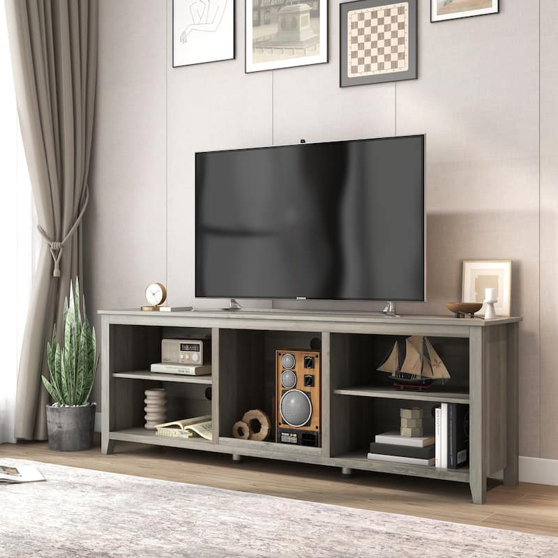 Farmhouse Style 70Inch TV Stand with Open Compartments Grey Walnut