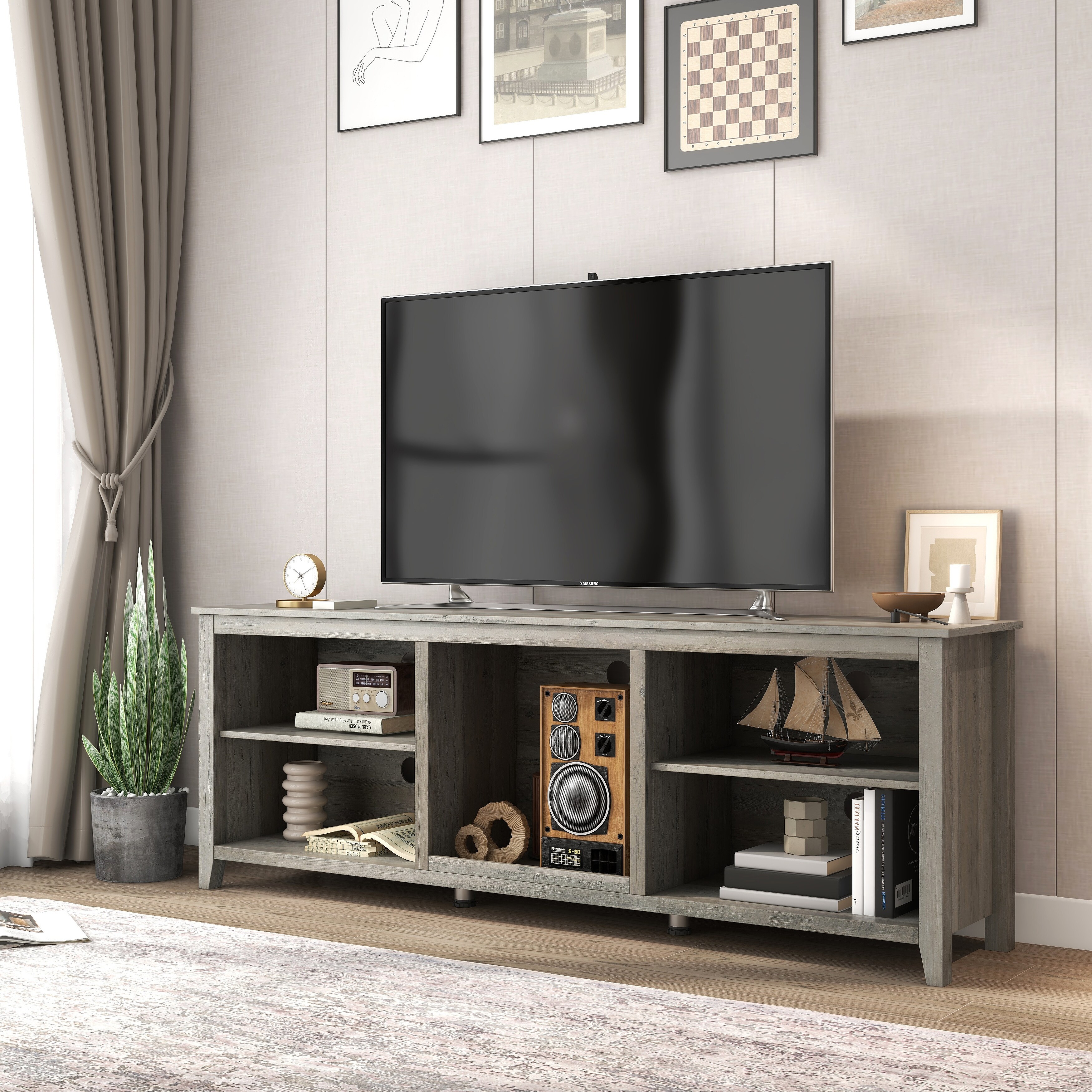 70 Inch TV Stand 4 Open Compartments Farmhouse Style