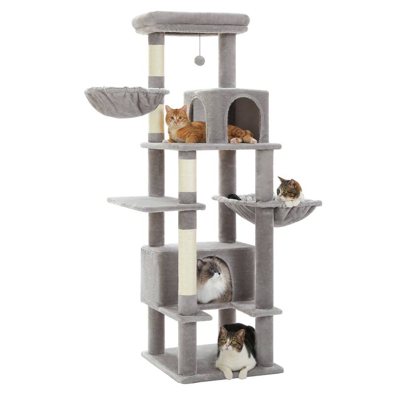 66" Cat Tree, Cat Tower with Sisal-Covered Scratching Post, Super Large Metal Hammock and 2 Big Condos