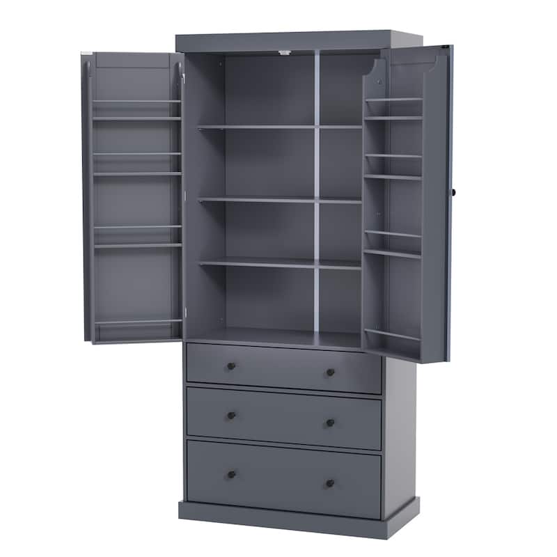 Freestanding Tall Cupboard Storage Cabinet w/ 8 Door Shelves, 3 Drawer