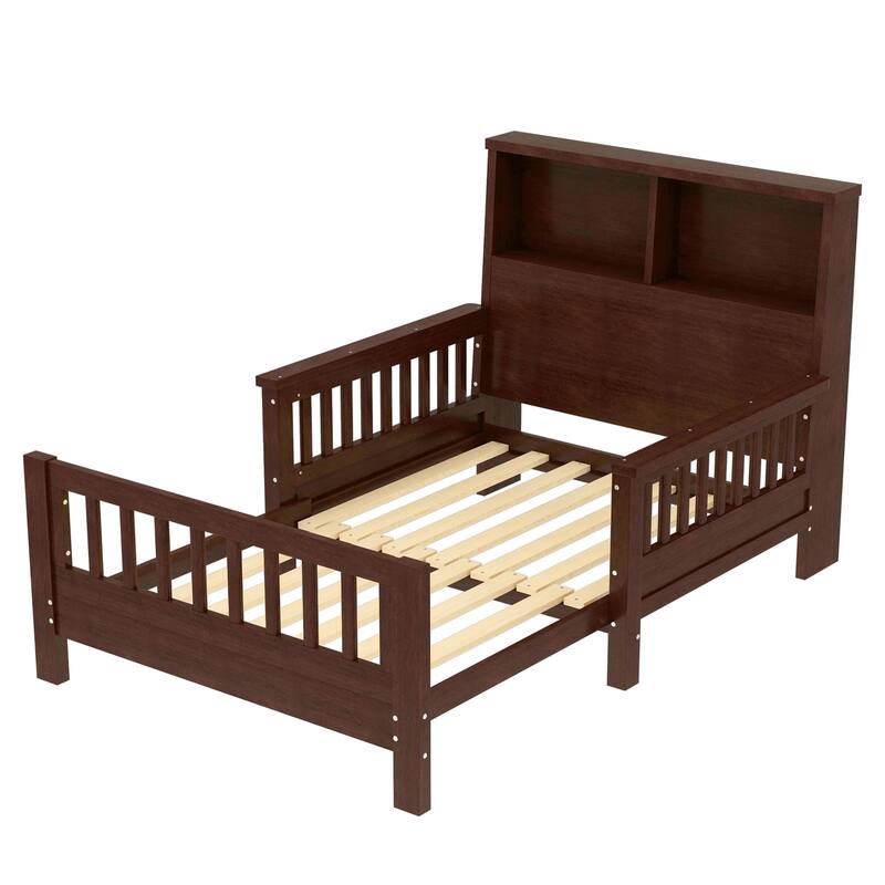 Espresso Twin Platform Bed with Pull-Out Storage Headboard & Safety Rails!