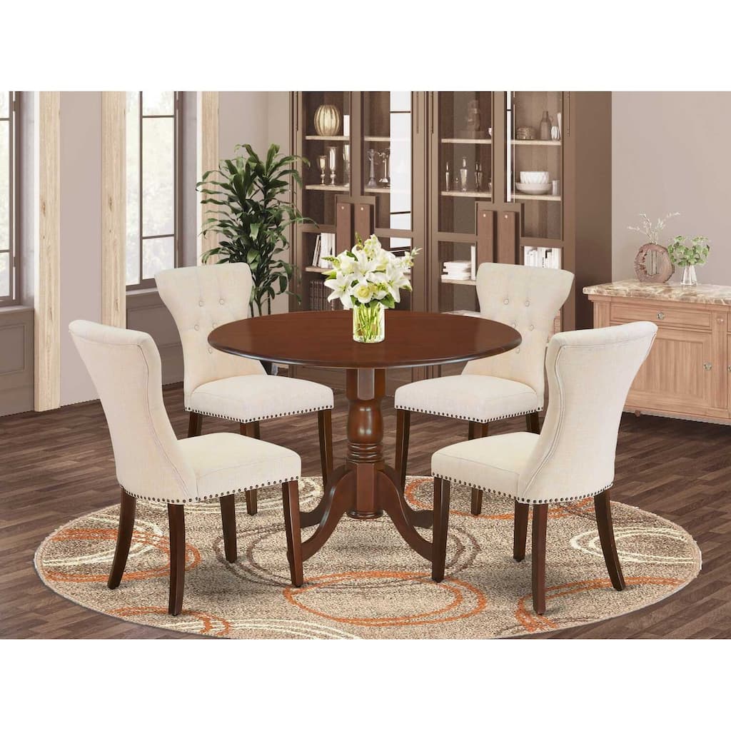 HomeStock 5-Piece Round Mahogany Finish Solid Wood Top Dining Table with 4 Parson Chair with Lattice Back