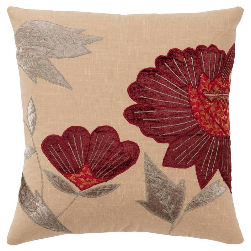 Rizzy Home Beige, Red, and Olive Green Floral Throw Pillow