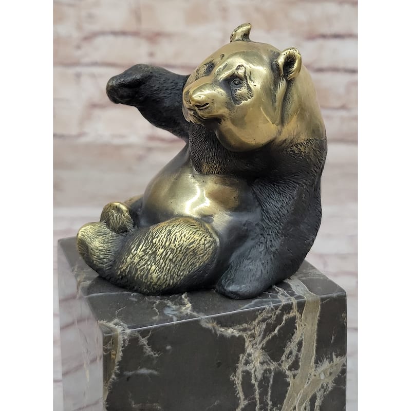 Real Bronze Panda Bear Bronze Figurine Sculpture On Marble Base By Milo