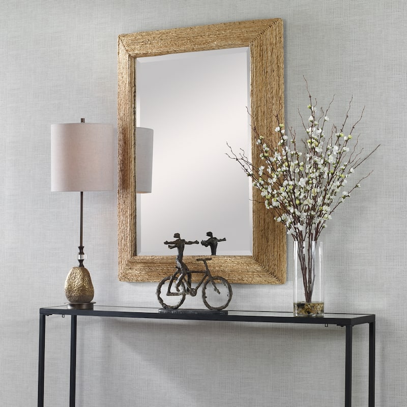 Wooden Framed Beveled Rectangular Wall Mirror - 46" - Beige
