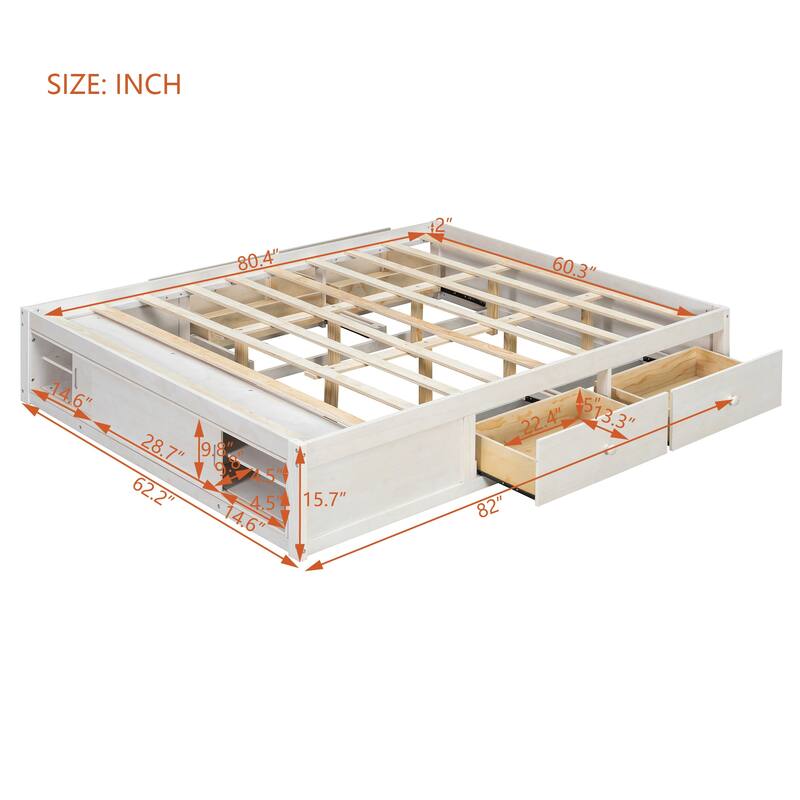 Queen Size Platform Bed Open Frame with Footboard Storage and 4 Drawers