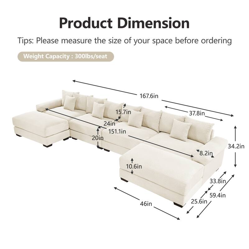 Roomfitters 130" Oversized Cloud Modular Sectional Sofa, Deep Seat Corduroy Couch with Wide Armrests, Cream