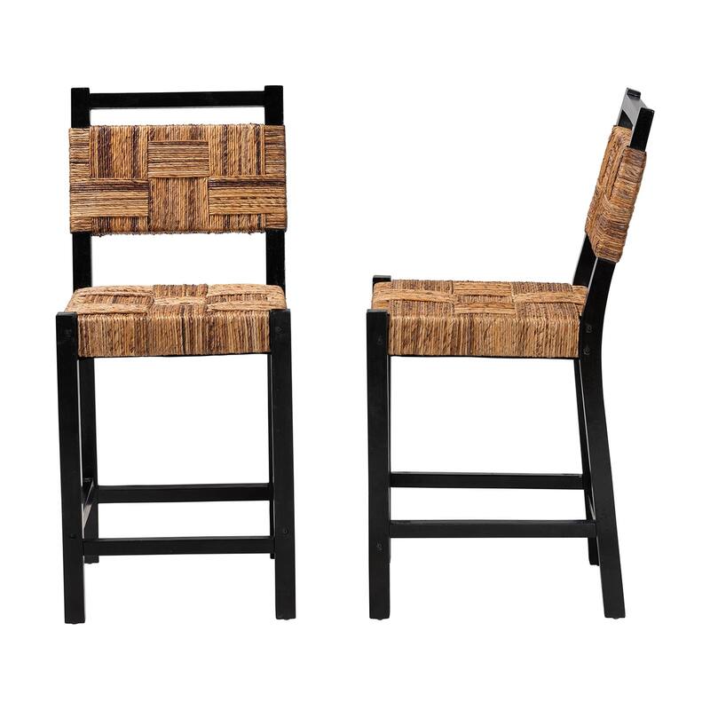 Raniya Seagrass Counter Stool - Solid Mango Wood Frame with Woven Seat and Backrest, Rustic Boho Style Dining Seating, Black