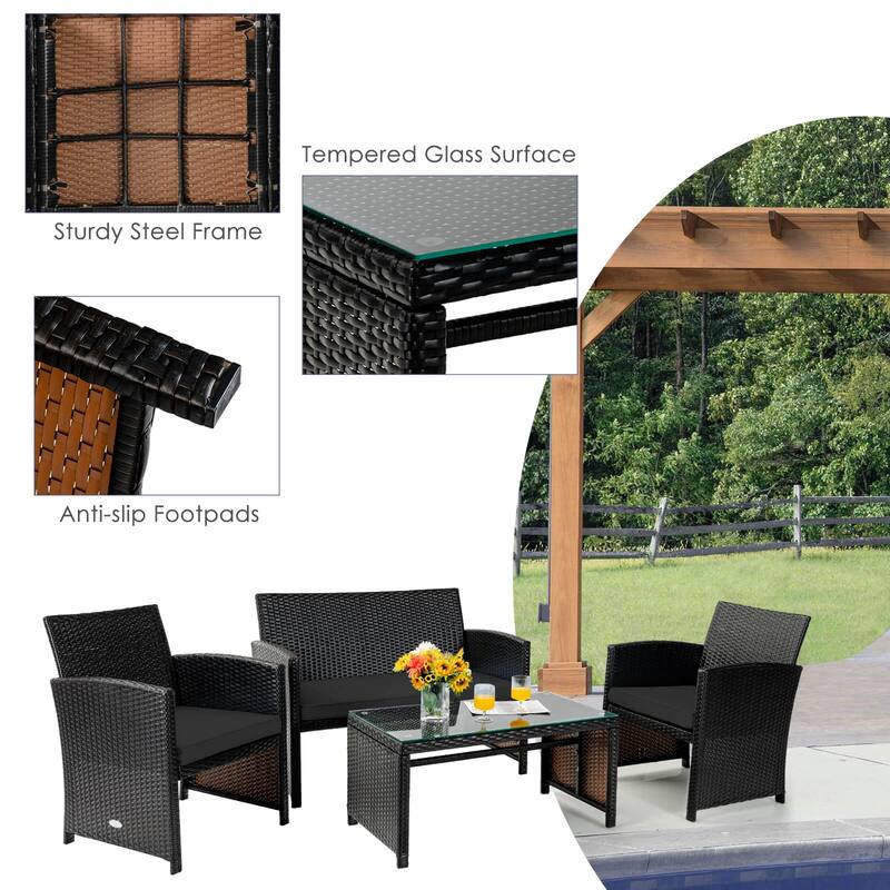 Gymax Set Of 4 Patio Rattan Furniture Set Cushioned Chair Sofa Table