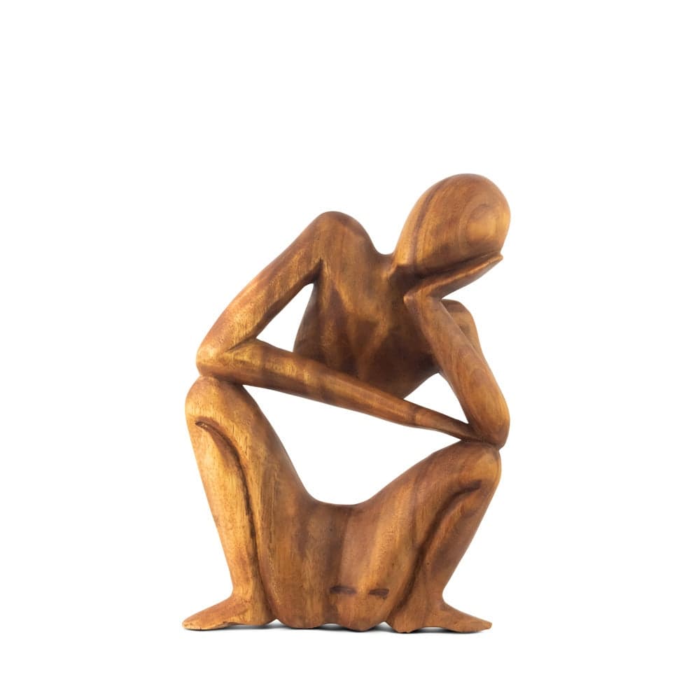 12" Wooden Handmade Abstract Sculpture Statue Handcrafted "Squatting Man Thinking - Gift Art Decorative Home Decor Figurine