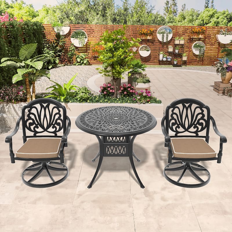 3 Pcs Outdoor Patio Dining Set, All-Weather Cast Aluminum Patio Table Set with 2 Swivel Chairs, Round Table with Umbrella Hole - Black