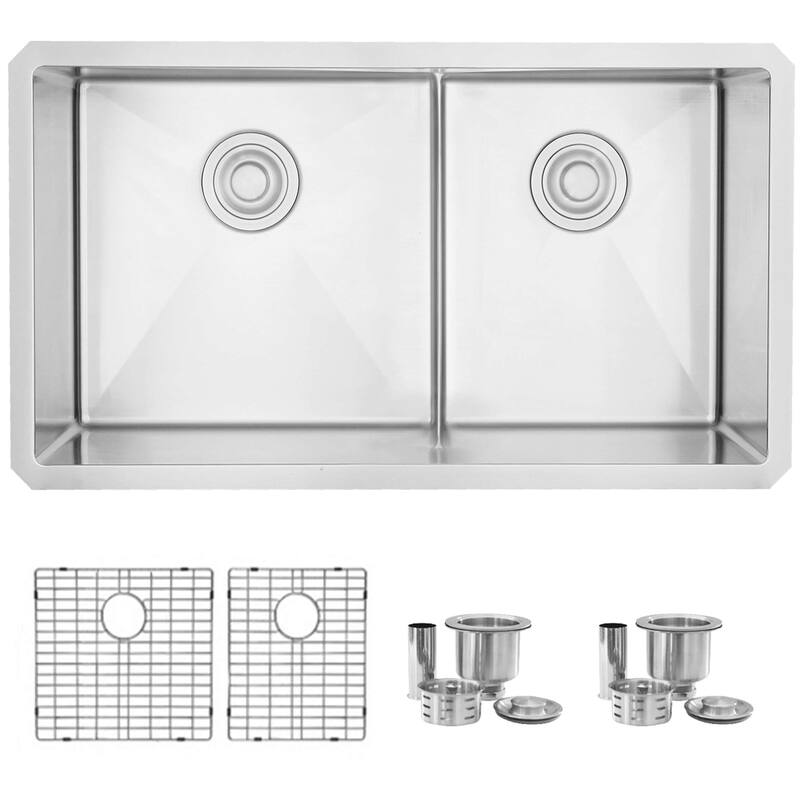 STYLISH 32 L inches x 18 W inches Stainless Steel Double Basin Low Divider Undermount Kitchen Sink with Grids and Strainers