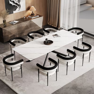 110.24" Extendable Sintered Stone Dining Table With 8 Chairs Dining Table Set
