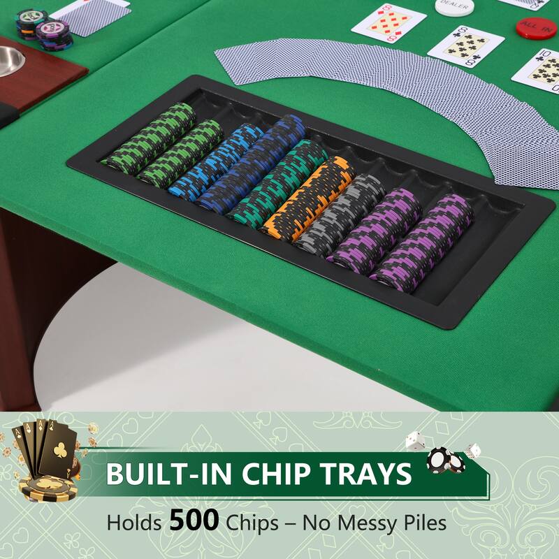 EROMMY 10 Player Oval Poker Table – Texas Hold'em Wood Grain Card Table with Cup Holders and Chip Tray