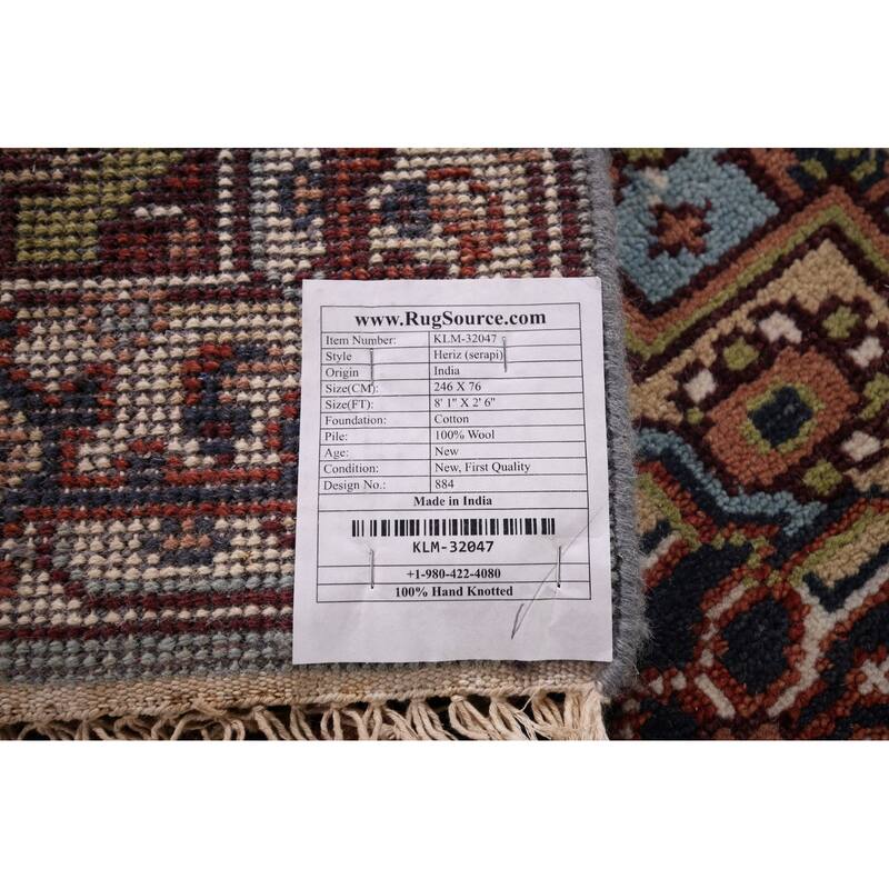 Light Blue Heriz Serapi Oriental Runner Rug Hand-Knotted Wool Carpet - 2'6"x 8'1"