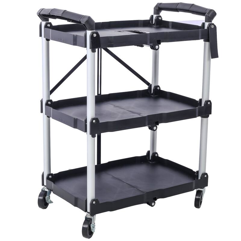 3 Layers Folding Collapsible Service cart Pack-N-Roll Folding Collapsible Service cart, Black, 50 Lb. Load Capacity per Shelf
