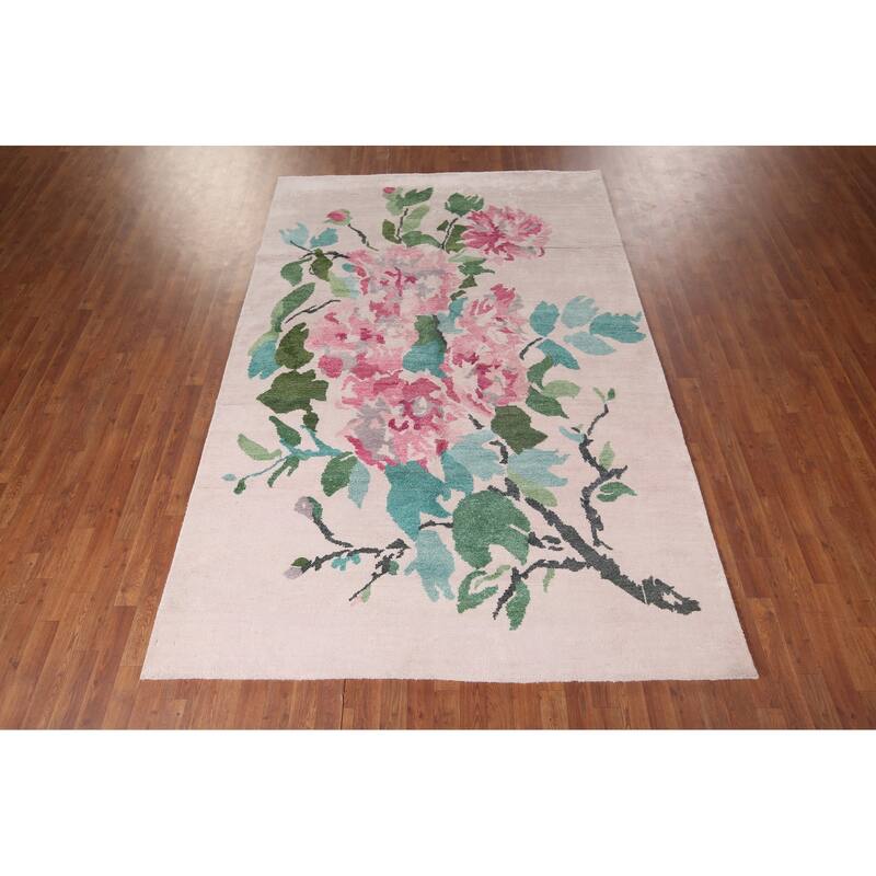 Handmade Abstract Indian Area Rug Beige Oriental Wool & Silk Carpet - 6'7"x 9'9"