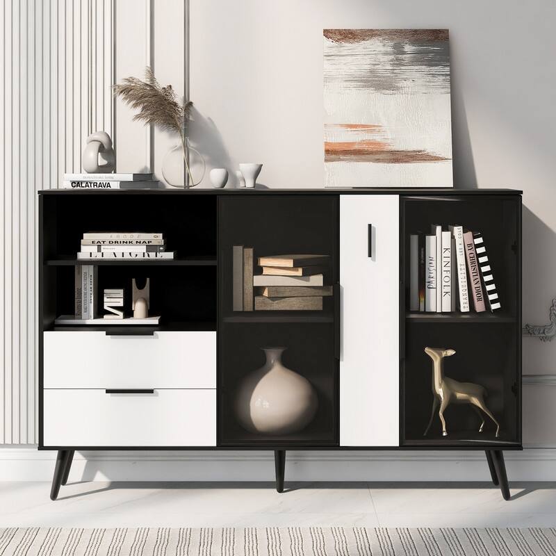 Glass Door Storage Cabinet with Drawers and Metal Handles, Living Room Modern Buffet Sideboard - Black+White