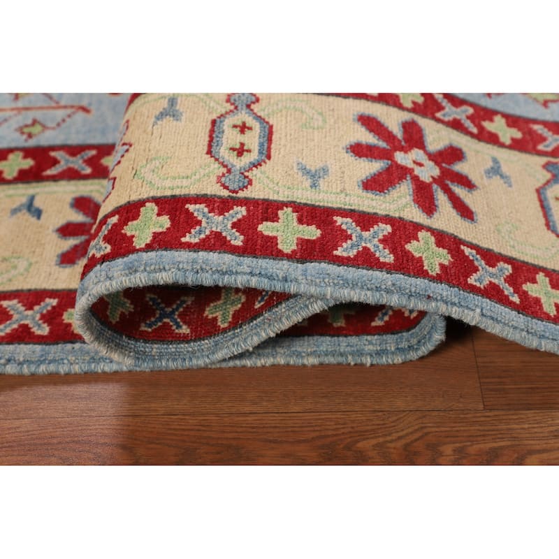 Light Blue Geometric Kazak Rug Hand-Knotted Bedroom Wool Carpet - 4'2" x 5'8"