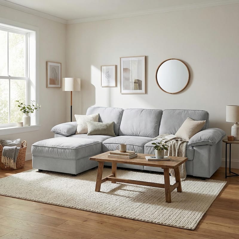 Upholstered L-Shaped Sectional Sofa Couch with Ottoman, Modern Fabric Deep Seat Sofa