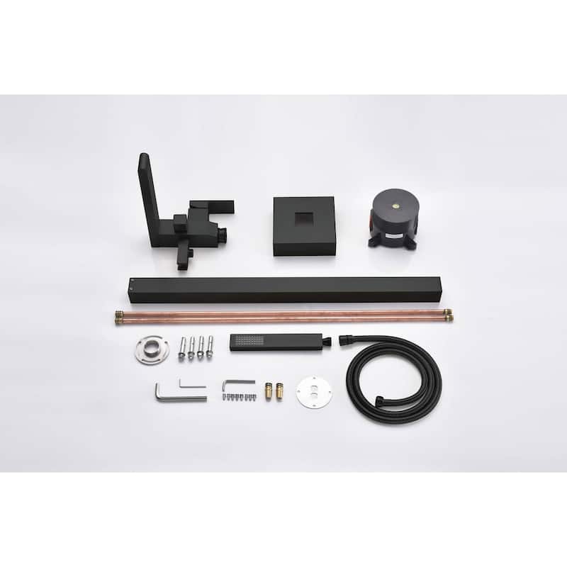 Waterfall Matte Black Freestanding pressure Balance Single Handle Bathtub Faucet with Handheld Sprayer - 9'6" x 13'6"