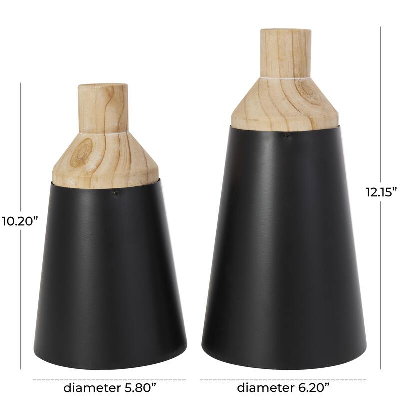 Wood Triangular Colorblock Decorative Vase with Light Brown Wood Tops - Set of 2 Black - Roche River Decor