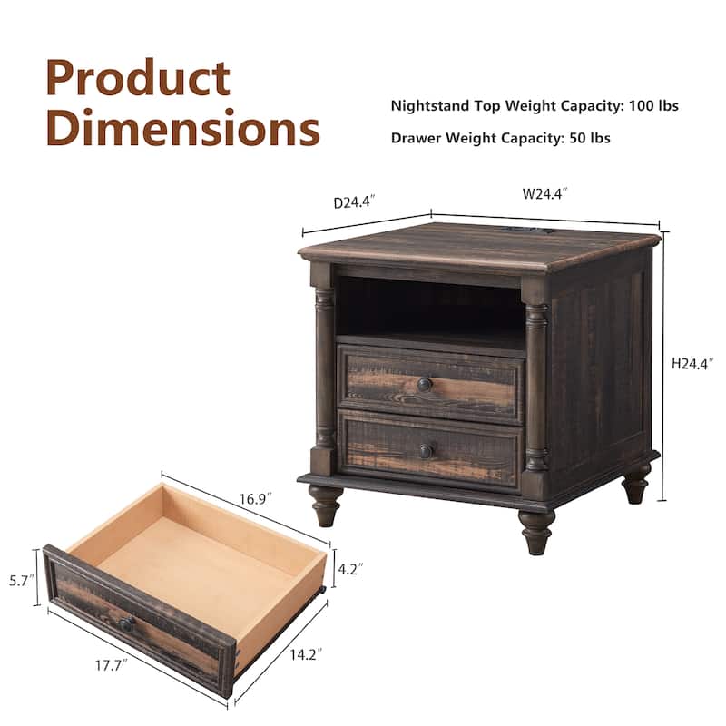 Farmhouse Nightstand Solid Wood Feet, Sofa Table with Charging Station