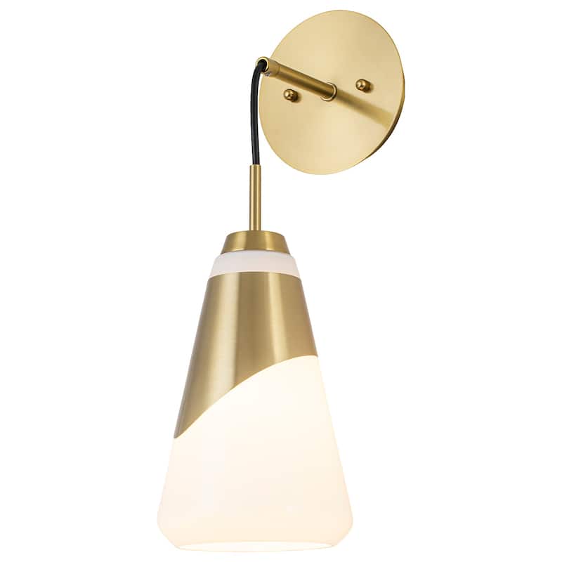 1-Light Brushed Gold Swing Arm Wall Sconce Cone Opal Glass Modern - Gold
