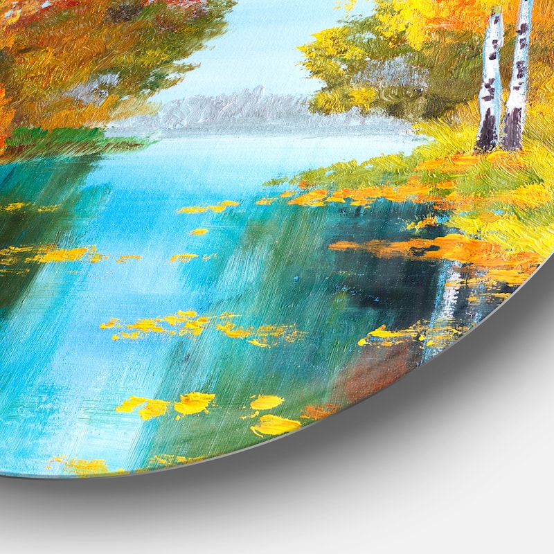Designart 'Birch Forest near the River' Landscape Glossy Large Disk Metal Wall Art