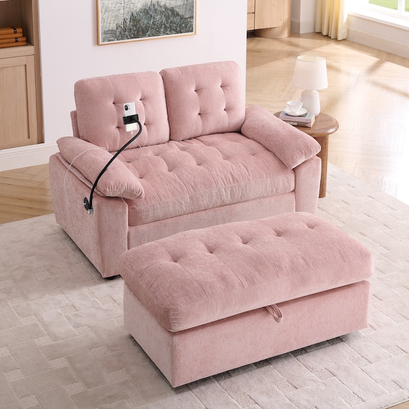 Double Recliner Chair with Adjustable Backrest, Storage Ottoman, USB Port & Phone Stand