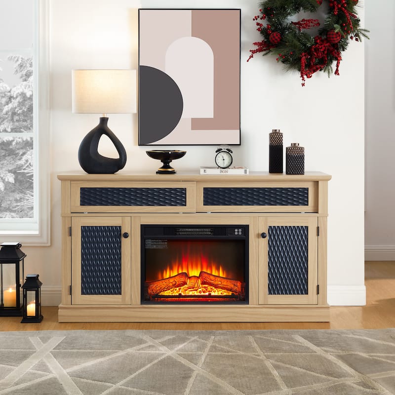 Embossed Pattern TV Stand for TVs Up to 65", Fireplace TV Stand with Storage Cabinet
